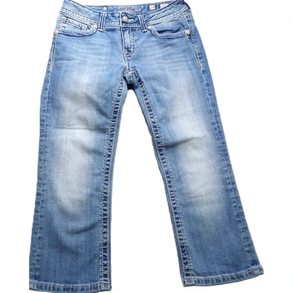 Miss Me Women Capri Jeans 28 Blue Denim Embellished Cross Flap Pocket Rhinestone